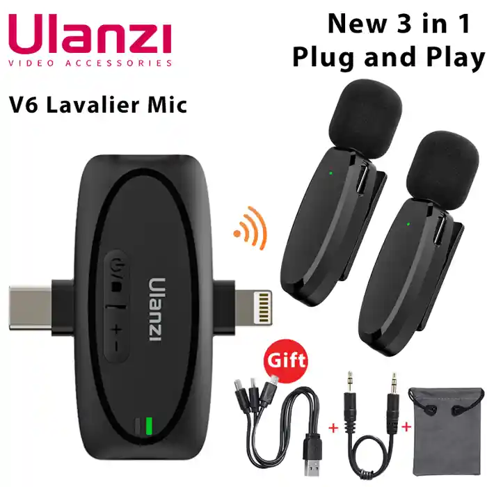 Ulanzi V6 3-in-1 Plug-Play Wireless Lavalier Microphone for iPhone/Android/Tablet/Camera